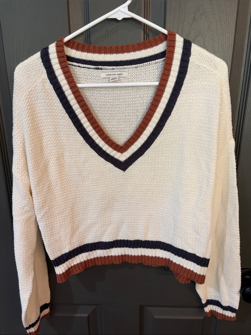 American Eagle Outfitters Cream V-Neck Sweater with Rust and Navy Trim
